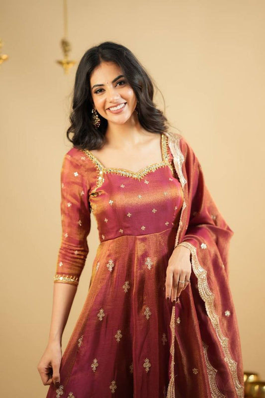 Red Chinnon Embroidered Anarkali suit sets